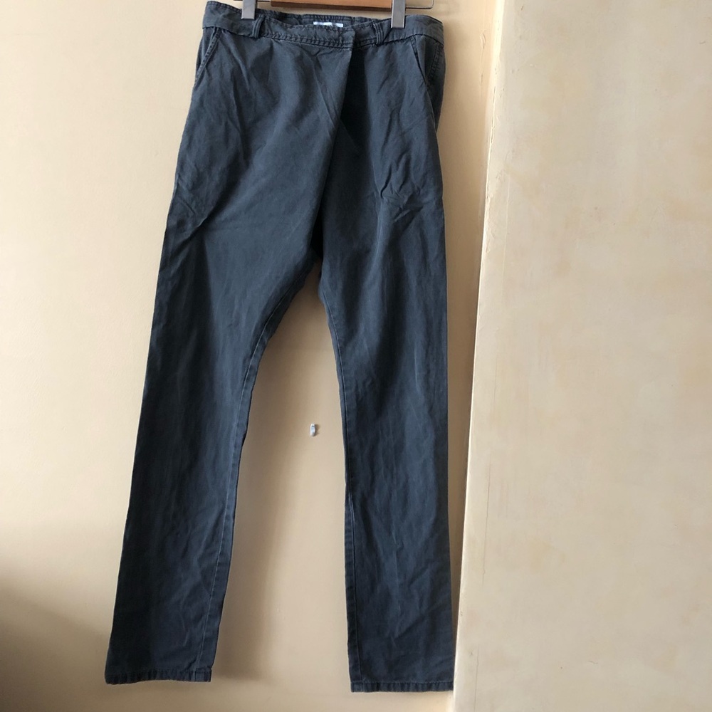 EMERSON FRY Cross FoldOver Drop Crotch Slim Leg Washed Grey Cotton Pant Mid Rise